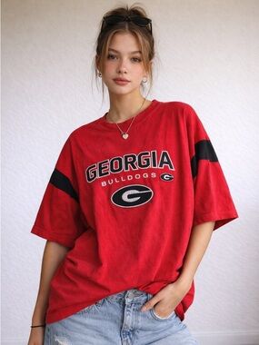 Vintage Georgia Bulldogs Tee Red Embroidered Logo Oversized 2XL Y2K 100% Cotton